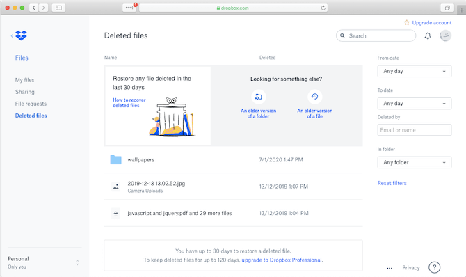 dropbox for business recover deleted files