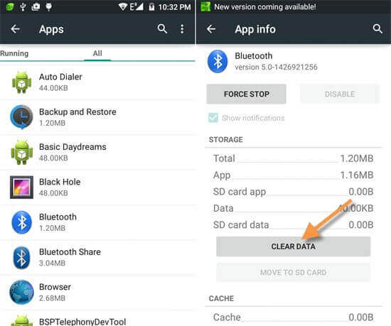 clear data and cache Bluetooth