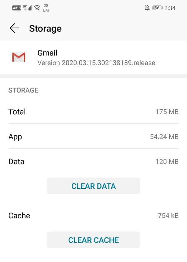 clear data cache Gmail