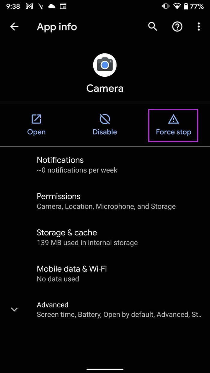 force stop camera app