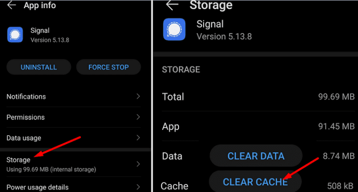 Clear Signal app cache