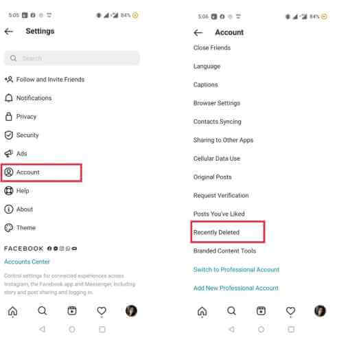 Instagram recently deleted folder