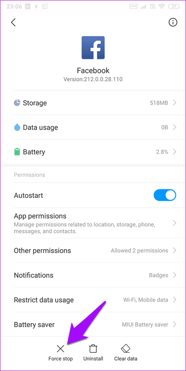 force stop facebook app