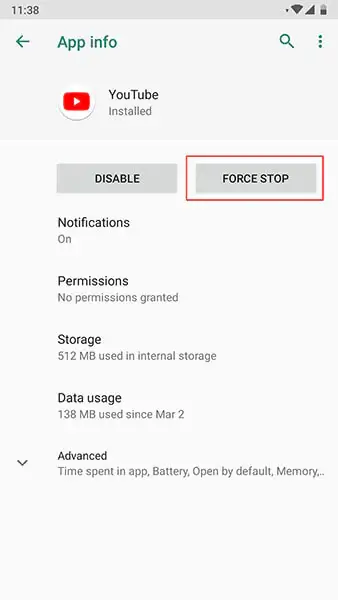 Force stop youtube app